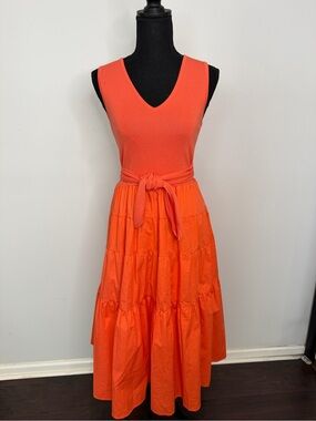 Jason Wu Orange Sleeveless V-Neck Bohemian Tiered Midi Tie Waist Dress - Size S